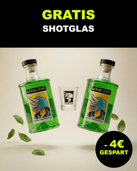'Dino-Duo'-Set: 2x Basilikum Limoncello (2x 700 ml), 1x Shotglas