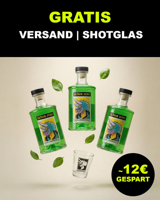 'Triceratops'-Set: 3x Basilikum Limoncello (3x 700 ml), 1x Shotglas | Versand: gratis