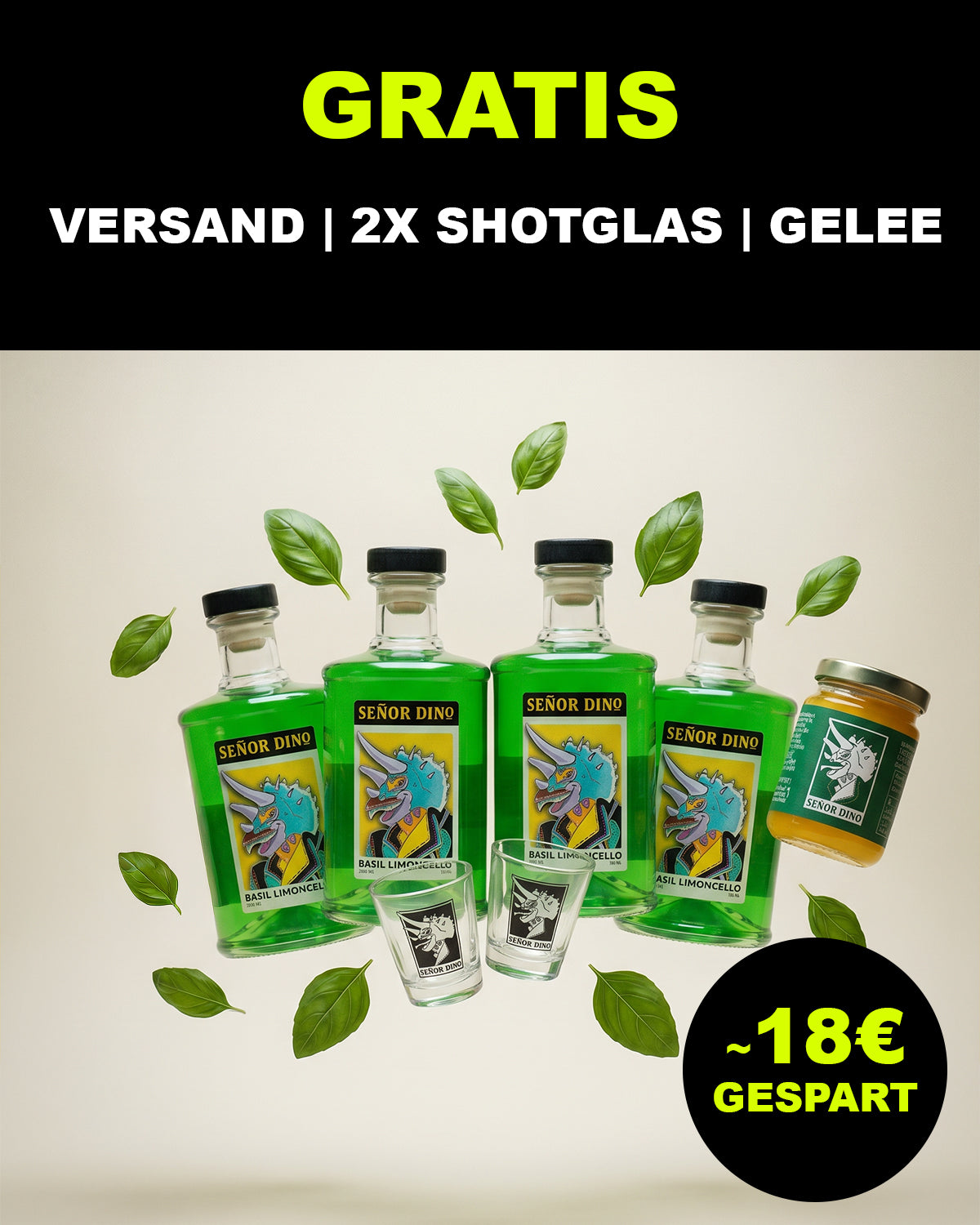 'Quattrosaurus'-Set: 4x Basilikum Limoncello (4x 700 ml), 2x Shotglas, 1x Fruchtgelee | Versand: gratis