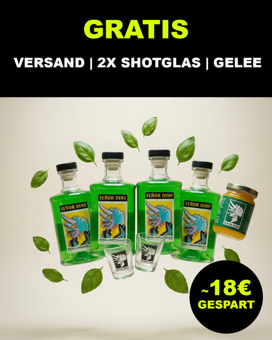 'Quattrosaurus'-Set: 4x Basilikum Limoncello (4x 700 ml), 2x Shotglas, 1x Fruchtgelee | Versand: gratis