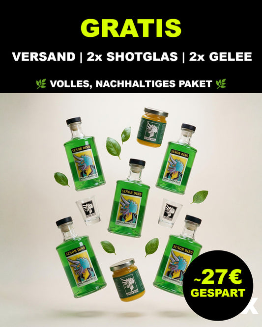 'Genießer-Set' 5x Basilikum Limoncello (5x 700 ml), 2x Shotglas, 2x Fruchtgelee | Versand: gratis